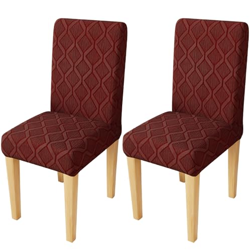 Image of Lukzer Elastic Dining Chair Cover - 2PC Pastel Deep Maroon Diamond | Textured High Stretch Jacquard Seat Cover | Removable Washable Short Dining Chair Cover Protector Seat Slipcover | (CC-158-02)