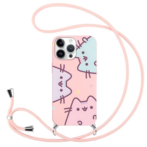 Funda con Cuerda para Samsung Galaxy A14 5G 6.6',TPU Silicona Carcasa con Lindo Pusheen Gato Dibujos Animados Manga Diseño Kawaii Anime , Ajustable Collar Colgar de Cuello Cadena Case Cover,Kawaii