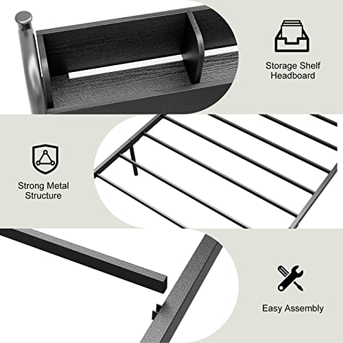 Ikifly Led Bed Frame Twin Xl With Storage Shelf Headboard & Charging Station, Heavy Duty Metal And Wood Platform Bed Frame With Under-Bed Storage, Noise Free, No Box Spring Needed - Black #TOP7