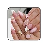FrostyFlair Ongles Press On, 24 Pièces 3D Roses Amande Medium Faux Ongles avec Fleurs en Relief et Perles Dorées, Finition Brillante Ongles Réutilisables