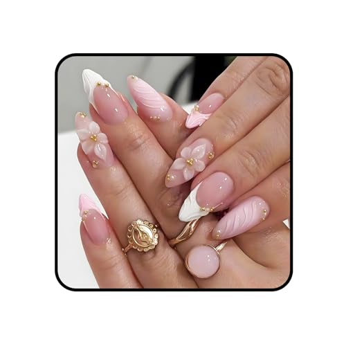 FrostyFlair Press On Nails, 24 Pieces 3D Pink Medium Almond Fake Nails with Embossed Flowers and Gold Beads Designs, Glossy Finish Reusable Fake Nails