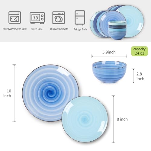Selamica Ceramic Dinnerware Sets, 12 Pieces Plates and Bowls Sets, Scratch Resistant Dishes Set for 4, Handpainted Swirl Dishware Sets with Spray Black Dots, Dishwasher&Microwave Safe, Gradient Blue