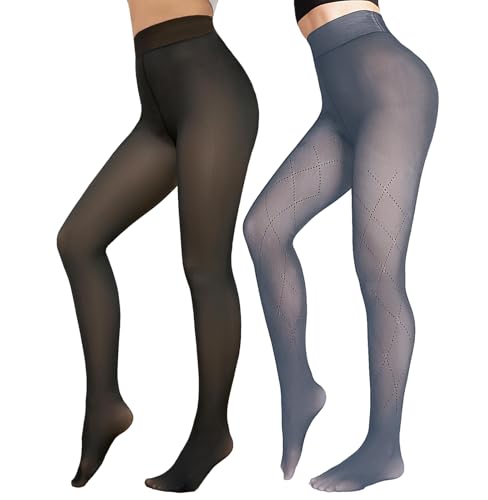 Image of X-CHENG 2 Pairs Women Fleece Lined Tights-Fishnets Patterned High Waist Thermal Pantyhose Fake Translucent Sheer Thick Warm Tights For Women