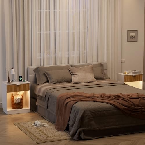 Image of Fluted Nightstands Set of 2 with Charging Station & Built-in LED Lights, Bedside Tables with Wave Pattern Drawer & Open Shelf, Safe for Kids, Bedroom Storage