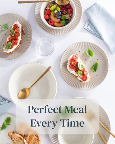Image of Stoneware Dinnerware Set for 4 People HYGGE 12-Piece - Elegant Scandi Design - Premium Dish Set - Bowl and Plate Set - Tableware for 4 People in a Ribbed Design - Pure Living in Light Brown
