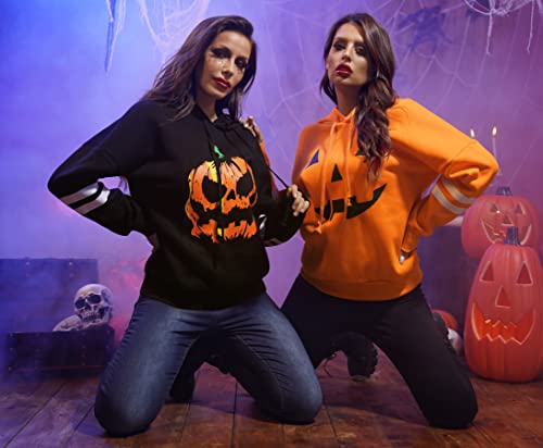 Halloween Hoodie Women Pumpkin Striped Pullover Top Long Sleeve Graphic Print Funny Sweatshirt L #TOP4