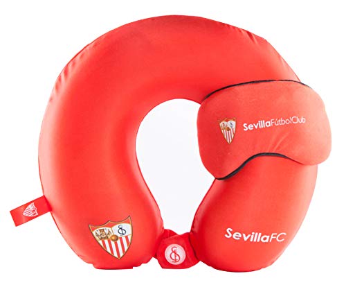 FRIENDLY LICENSE Sevilla Fútbol Club - Pack Cojín y Antifaz de Viaje - Máximo Confort - Materiales Resistentes - Ideal para Viajes Largos - con el Escudo del Club - Producto Oficial del Equipo
