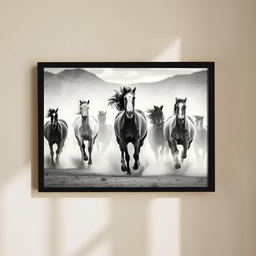 Image of 7 Running Horses Vastu Framed Wall Art Painting For Living Room | Black & White Horse Painting With Frame| Premium Wall Art for Home & Office, 14x18 Inch