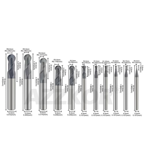 Image of Carbide Ball Nose EndMill HRC50 Double Edge 2 Flute TiAlN Coating Tungsten Steel Milling Cutter for Metal Steel HRC50 R0.5-R6.0 Series 11pcs Set