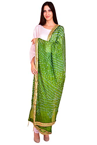 eloria Women's Tafeta Silk Embellished Dupatta Bandhani Bandhej Jaipuri Rajasthani Dupatta (Green, 2.25 Meters/Length: 88 Inch/Wide: 42 Inch)2