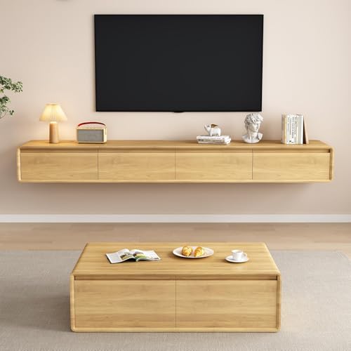 Mobile TV sospeso da parete, 62/78/94 pollici, console multimediale in legno con bordi curvi, 4 porte, moderno centro di intrattenimento per soggiorno, elegante mobile TV