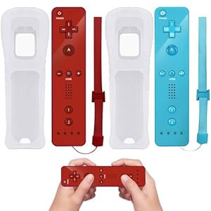 Wii-Fernbedienung, 2x Wii Controller Gamecontroller Wireless Remote Bewegungssensor Vernbedinung Ersatz Gamepad Controller für Wii und Wii-Konsole, mit Silikonhülle und Handschlaufe(Rot+Hellblau)