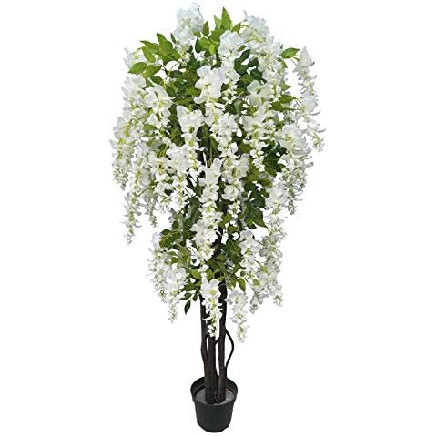 AMERIQUE 6 Feet Gorgeous and Dense Blooming Wisteria Artificial Tree, Cream White, Pre-Potted with Nursery Pot, Real Touch Tech., Green and White Cover