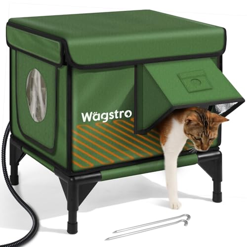 Heated Cat House for Outside Insulated Weatherproof Heated Outdoor Cat House with Waterproof Eaves & Escape Door Elevated Outdoor Cat Shelter for Feral Stray Cat (Green 16.5x13x16.9)