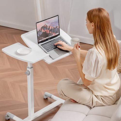 COMHOMA Overbed Bedside Table with Wheels, Tiltable Hospital Bed Table Over The Bed, Adjustable Mobile Standing Desk Rolling Laptop Desk for Hospital and Home Use, White - Thumbnail 5