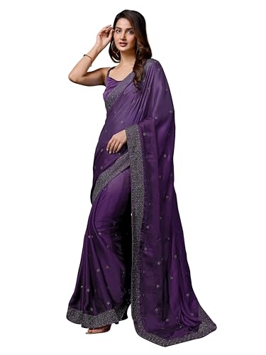 Image of TRENDMALLS Women's Rangoli Silk Embroidery Siroski Work Double Shade Saree with Blouse Piece