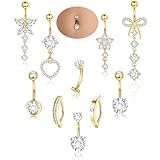 CASSIECA 10Pcs Gold Belly Button Piercing Ring-Surgical Steel CZ Heart Navel Belly Rings for Women Dangle Short Clicker Navel Piercings Cute Summer Jewelry 14G