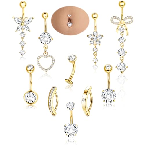 CASSIECA 10Pcs Gold Belly Button Piercing Ring-Surgical Steel CZ Heart Navel Belly Rings for Women Dangle Short Clicker Navel Piercings Cute Summer Jewelry 14G
