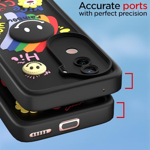 Image of Pikkme Back Cover for iQOO Z9s 5G / Vivo V40e 5G | Soft Silicone| Cute Rainbow Smile & 3D Cartoon Flower Design | Shockproof Raised Camera Protection Bumper Case (Black)