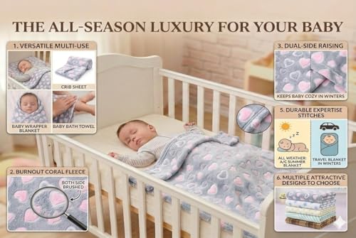 Image of First Kick Luxury Soft Baby Blanket Combo Pack of 100 x 75 cm Premium Fleece Newborn Swaddle Wrap | Baby Bath Towel All Season Blanket for 0-12 Months Crib Stroller Travel Use