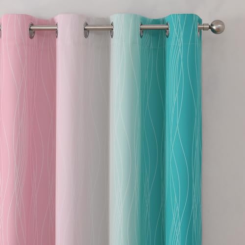 Estelar Textiler Pink and Teal Blackout Curtains 45 Inch Length, Full Light Blocking Gradient Drapes for Kitchen, Thermal Insulated Grommet Ombre Curtains for Bathroom, 52Wx45L, 2 Panels