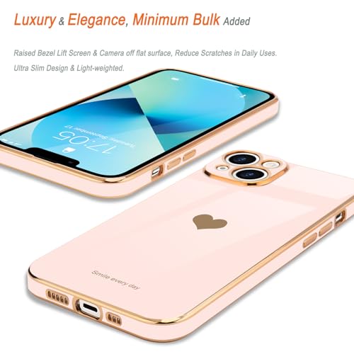 Teageo Compatible with iPhone 13 Case for Women Girl Cute Love-Heart Luxury Bling Plating Soft Back Cover Raised Full Camera Protection Bumper Silicone Shockproof Phone Case for iPhone 13, Light Pink