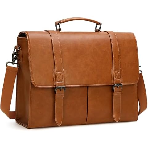 RAINSMORE Messenger Bag for Men 15.6 Inch Vintage Leather Briefcase Waterproof Laptop Bag Large Satchel Shoulder Bag Office Work Business College Computer Bag, Brown Cover