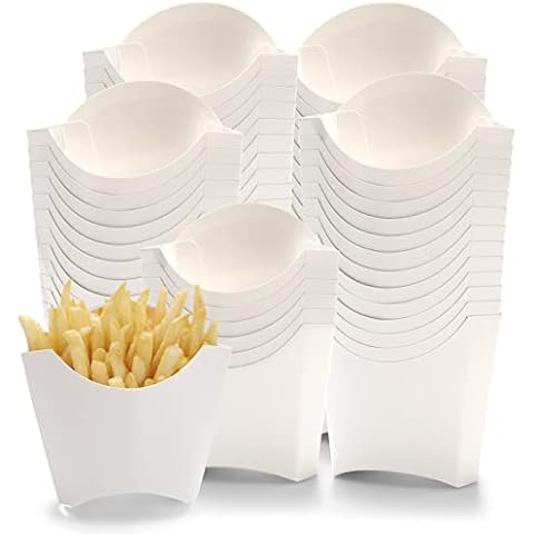 Lyellfe 250 Pack French Fry Holder, Disposable To Go French Fry Container Box, 4 Oz Stackable White Kraft Paper Charcuterie Cups for Fries, Onion Rings, Popcorn, Take Out, Party, Grease Resistant Cover