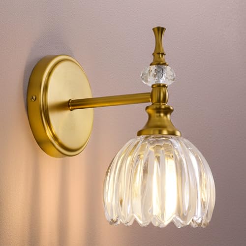Image of ANDY STAR 1-Light Brushed Gold Bathroom Vanity Light, Transitional Sconce | Ribbed Glass & Crystal Accent, Damp-Resistant, Heat-Resistant E12 Base, Reversible Up /Down Mounting