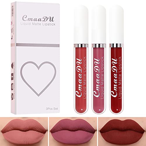 INVILKSTAR 3 Pcs Matte Liquid Lipstick Makeup Set, Matte liquid Long-Lasting Wear Non-Stick Cup Not Fade Waterproof Lip Gloss (3)