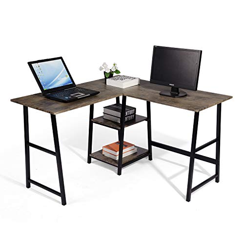 FurnitureR L Shaped Desk with Storage, Corner Computer Desk Gaming Desk, Standing Desk Organizers, Home Office Desk with Shelf for Witing, Brown