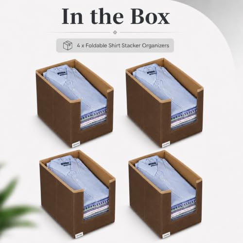 Image of VERVENIX Shirt Stacker Set of 4, Non Woven Foldable Clothes Storage Organizer with Handle, Wardrobe Closet Organizer, Space Saving Cloth Organizer for T-Shirts, Shirts, Jeans, Brown