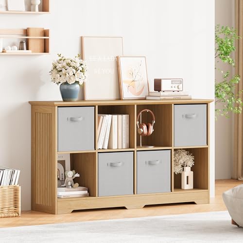 Image of 8 Cube Storage Organizer Shelf, Wood Cubby Storage with 4 Fabric Drawers, 2 Tier Wooden Bookshelf with 2 Adjustable Shelves & Fluted Side Panels for Living Room, Home Office, Wood