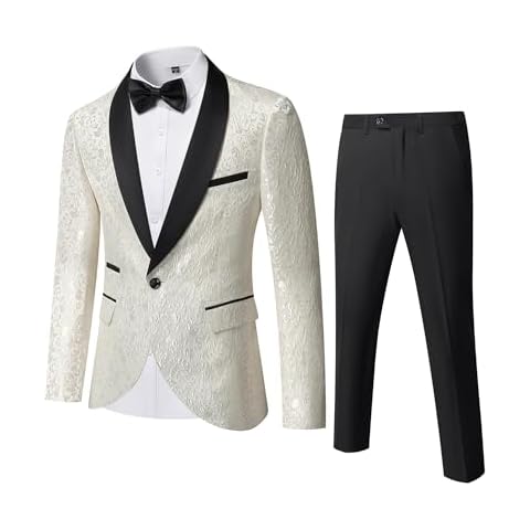 YND Men's 2 Piece Slim Fit Suit Set, One Button Shawl Lapel Floral Pattern Party Blazer, Jacket Pants with Bow Tie, White Cover