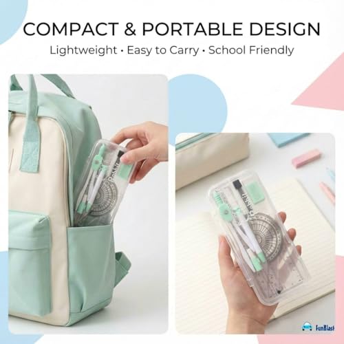 Image of FunBlast Rabbit Theme Compass Set - 7 Pcs Transparent Geometry Box with Protector, Set Squares, Ruler, Compasses, Ruler Set, Math Geometry Kit for Student & Professional (Green)