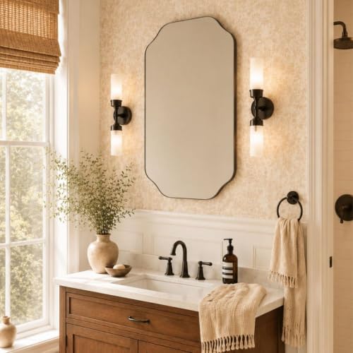 Image of TEHOME 20x30'' Scalloped Oil Rubbed Bronze Bathroom Vanity Mirror, Rectangle Metal Framed Bathroom Mirror