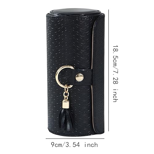 Image of Luxury Travel Jewelry Organizer Case - 3-Layer Cylinder Storage Box for Rings, Earrings, Bracelets - Portable PU Leather Case for Women & Girls (Solid Black)