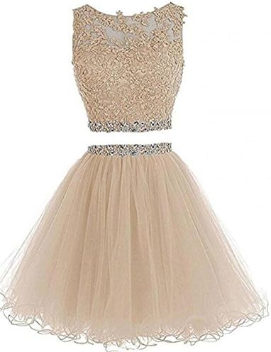 Dydsz Women's 2 Piece Prom Dresses Short Homecoming Party Cocktail Gown A Line Tulle D127 Champagne 10