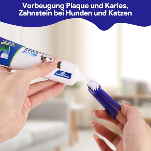 Hunde Zahnpflege Set, Hundezahnpasta Gegen Zahnstein und Hundezahnbürste Fingerzahnbürste Set, Hunde Zahnbürste, Zahnpflege für Hund und Katzen, Entfernt Plaque und Mundgeruch (blau)