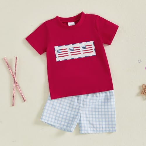 Image of 4th Of July Toddler Boy Outfit Popsicle American Flag T-Shirt and Gingham Plaid Shorts Set Independence Day Clothes