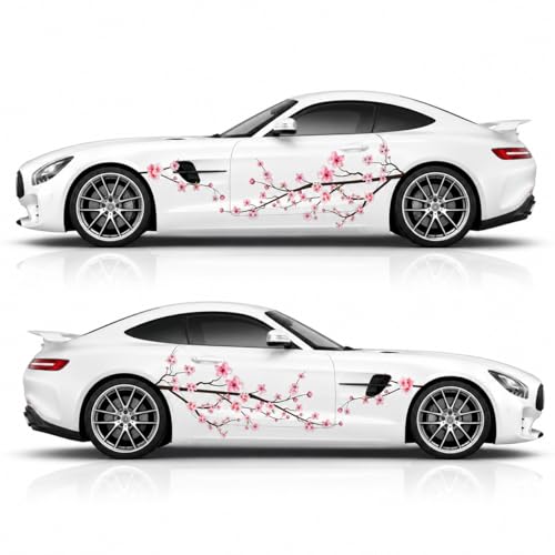 Image of 2PCS Cherry Blossom Car Decals, Large Sakura Side Vinyl Graphics for Cars, Japanese Floral Car Stickers, Waterproof UV Resistant Vehicle Door Decal Set, 70.8 x 23 in, Pink