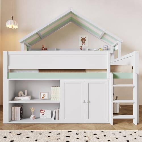 Image of Full Size House Loft Bed with Canopy Roof and Storage, Perfect for Kids' Bedroom, Sleepovers & Organized Living (White+Green)