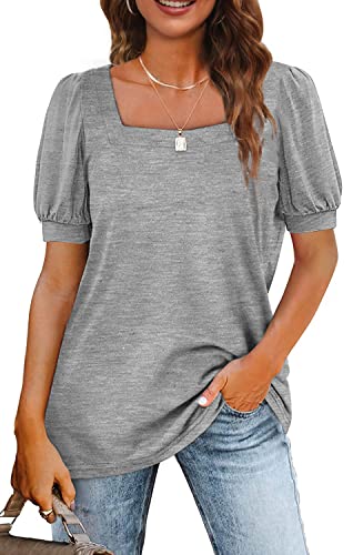 Yousify Womens Square Neck Puff Sleeve T Shirts Summer Loose Fit Casual Tops Tunic Tee #TOP7