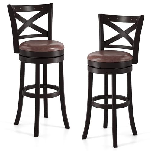 COSTWAY Set de 2 Butacos de Bar Giratorios de 30" con Tachuelas de Cobre, Asiento Tapizado y Respaldo en X, Estructura de Madera Maciza de Caucho miniatura 1