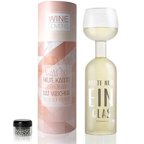Wine Lovers Weinflasche Glas"Heute nur ein Glas" - Weinglas Flasche XXL mit Spruch - Weinglas lustig als perfekte Geschenkidee - inkl. Reinigungsperlen