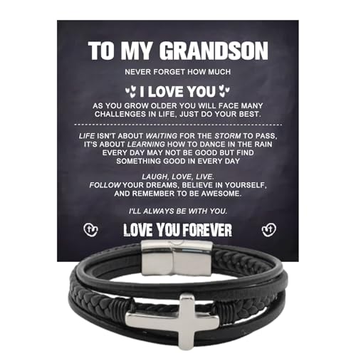 ziella To My Grandson Cross Leather Bracelet,Personalized Engraved Name Custome Gifts for Men Son Husband Dad Bracelet On Father's Day Christmas Birthday