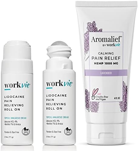 Workvie Lidocaine Roll On 2pk and Lavender Pain Relief Cream 4oz for Nerve, Joint, and Muscle Pain