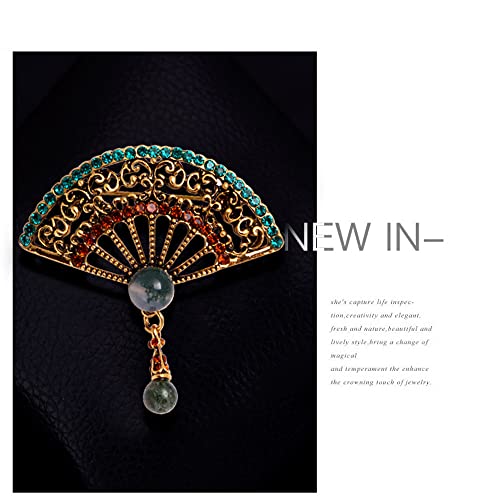 Image of Pearl Fan Brooch Chinese Fan Brooch Rhinestone Pearl Brooch for Women Lady Girl
