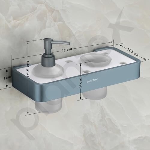 Image of Plantex Aluminium and Acrylic 2 in 1 Shampoo Dispenser with Toothpaste Holder /Liquid Soap Dispenser with Tumbler Holder /Bathroom Accessories - (Grey and Milky White)