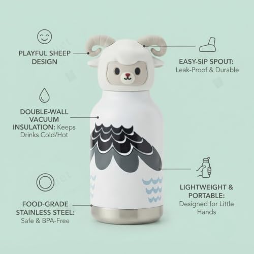 Image of JOUET Kids Stainless Steel Water Bottle 280ml with Cute Sheep Character Lid, White Leakproof Drinking Bottle for School, Travel & Daily Use